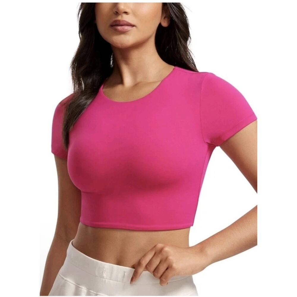 CRZ YOGA Womens Butterluxe Double Lined Short Sleeve Crop Tops Crew Neck Medium